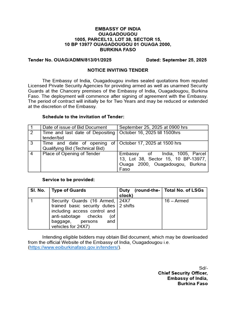 1462 Tender Document LSG Eoi-Ouagadougou | PDF | Security Guard