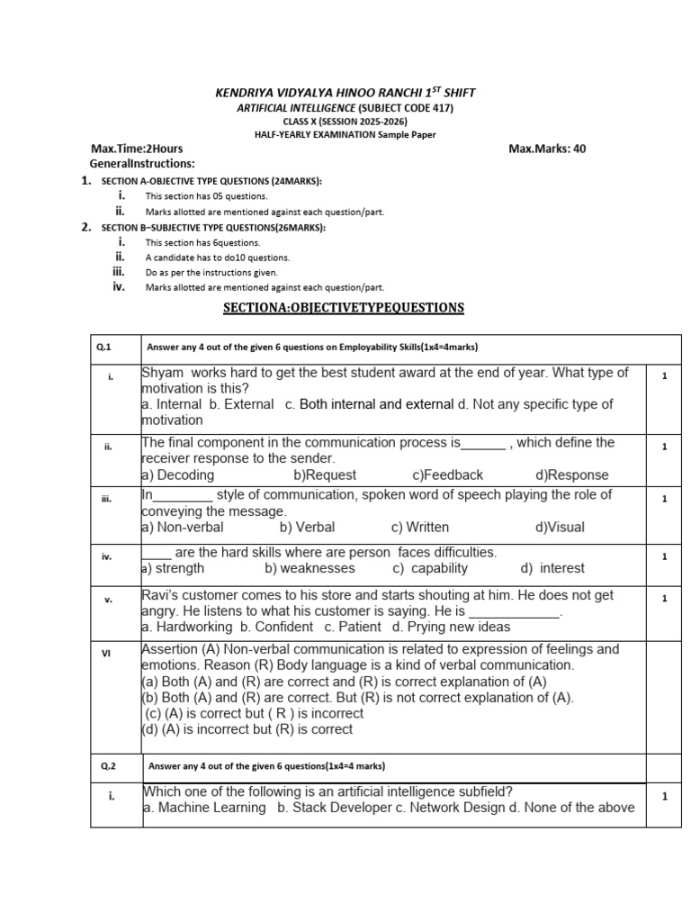AI Class X Sample Paper 2025-2026 | PDF | Artificial Intelligence ...