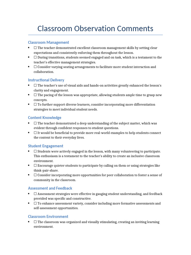 Classroom Observation Feedback Summary | PDF | Teachers | Classroom