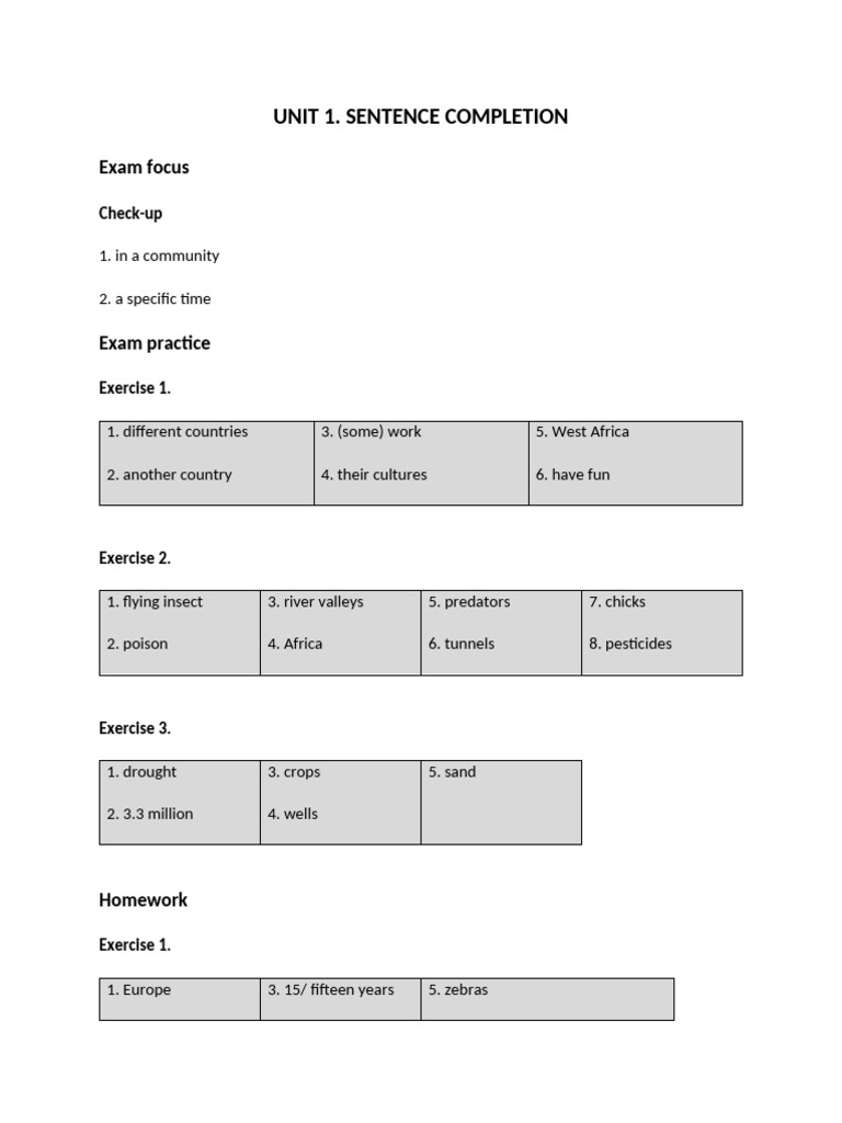 KEY Unit 1. Sentence Completion | PDF