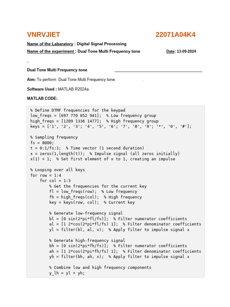 DTMF Tone Generation in MATLAB | PDF