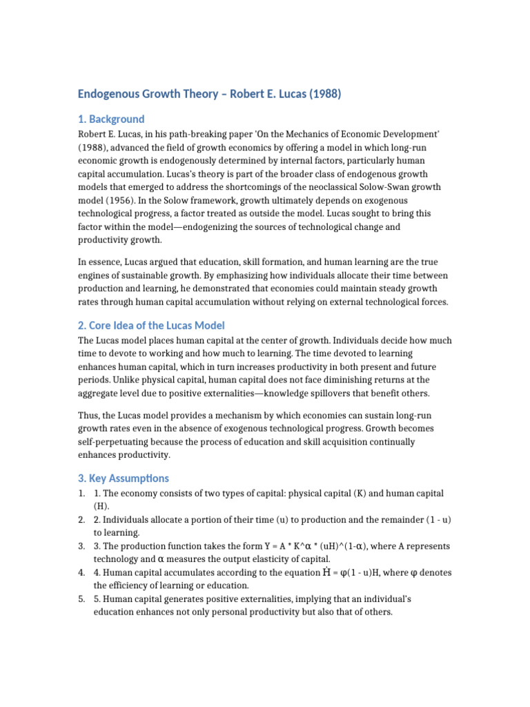 Lucas's Endogenous Growth Theory Explained | PDF | Economic Growth ...