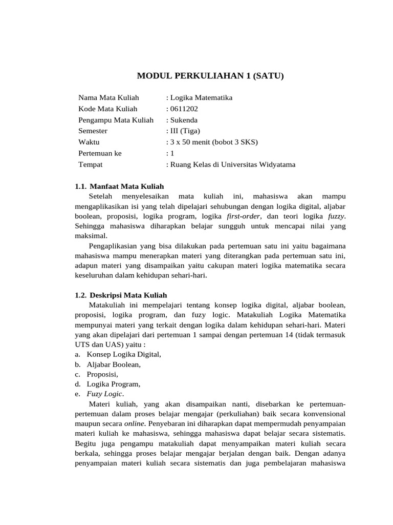 Modul Logika Matematika Universitas Widyatama | PDF