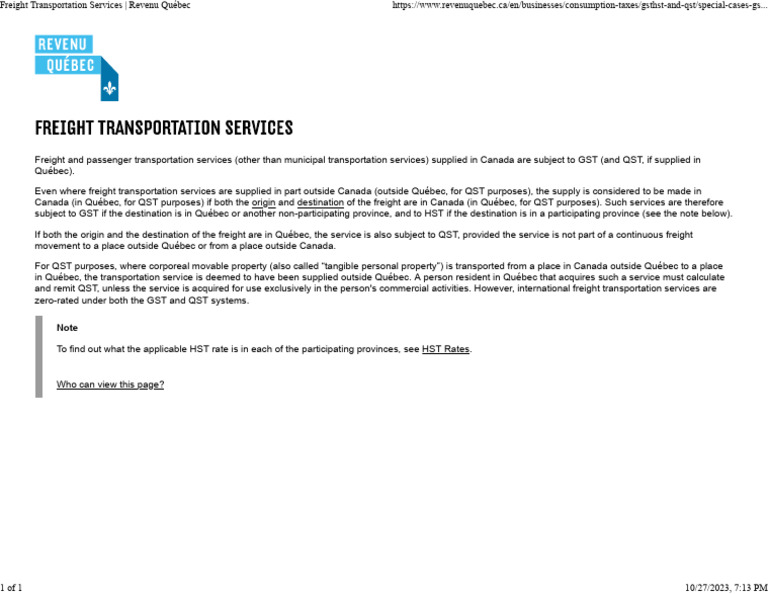 GST and QST on Freight Services in Canada | PDF