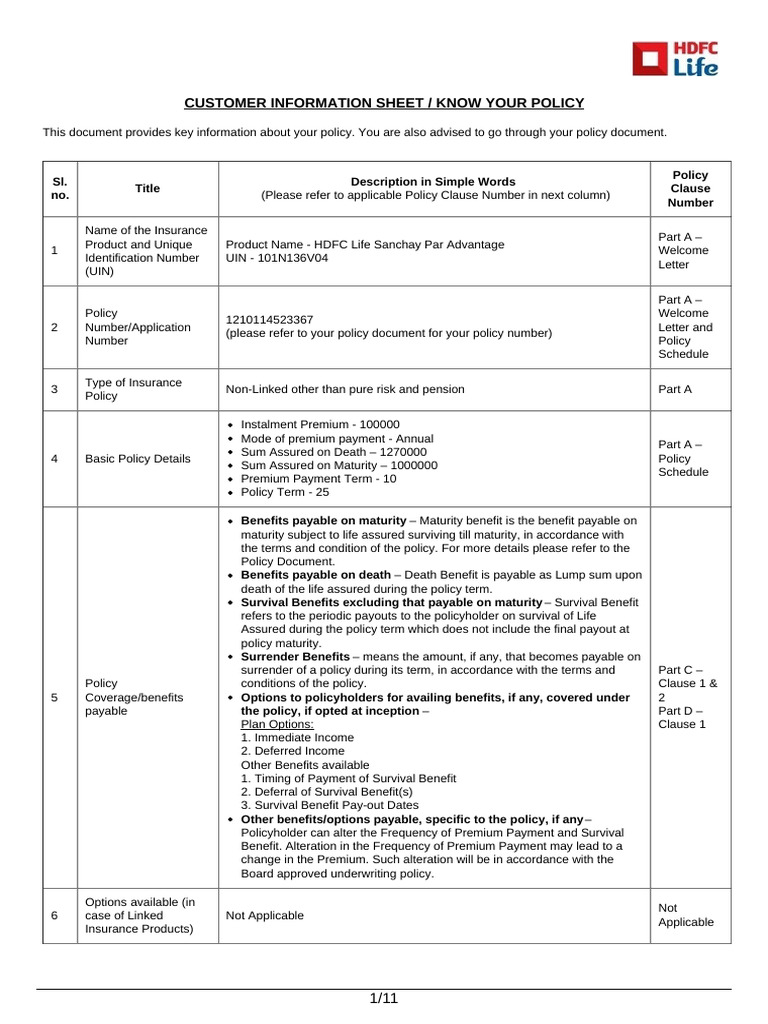HDFC Life Sanchay Par Advantage Policy Details | PDF | Insurance