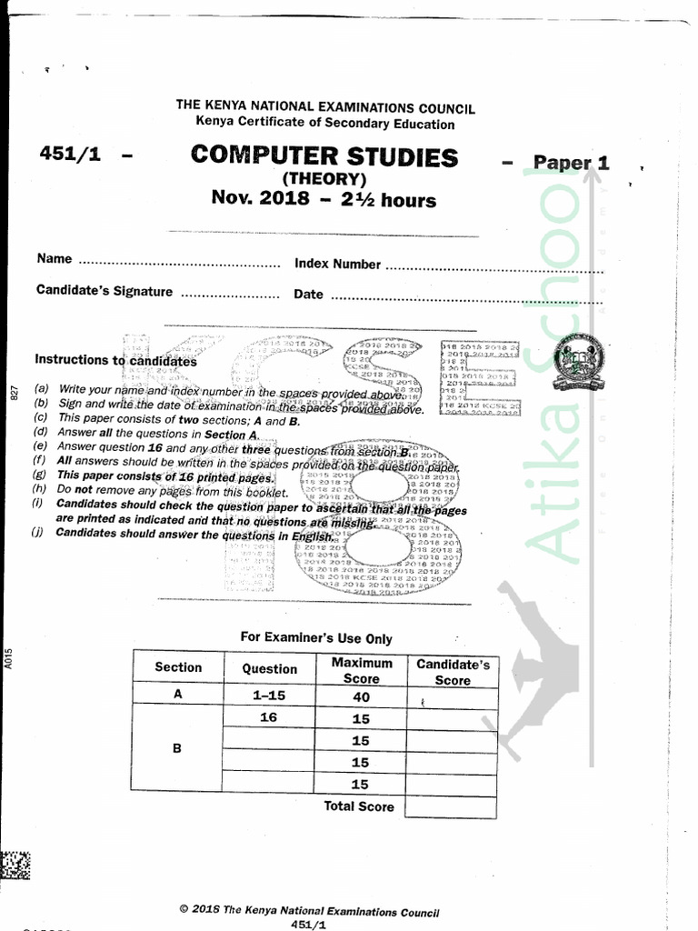 Computer Studies Paper 1 KCSE 2018 | PDF