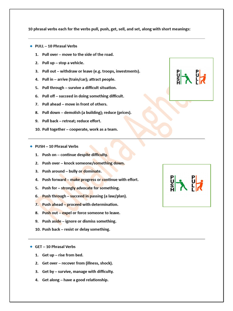 Phrasal Verbs Guide: Pull, Push, Get, Sell, Set | PDF