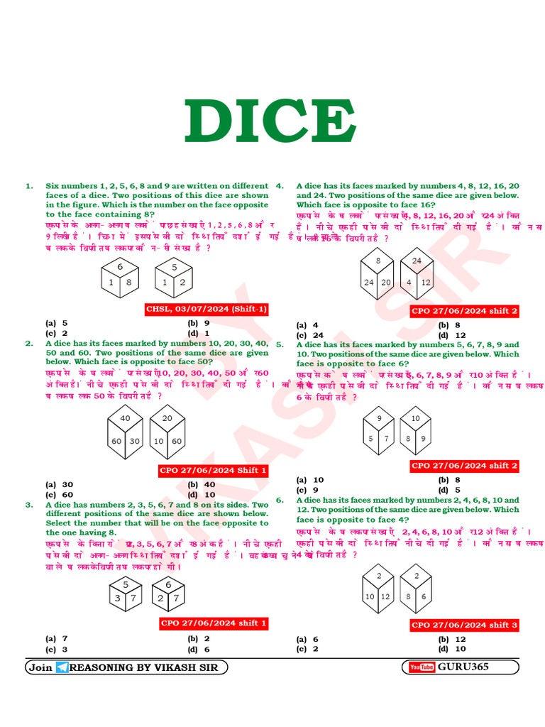 Dice Opposites: Reasoning Questions | PDF | Dice | Gaming Devices