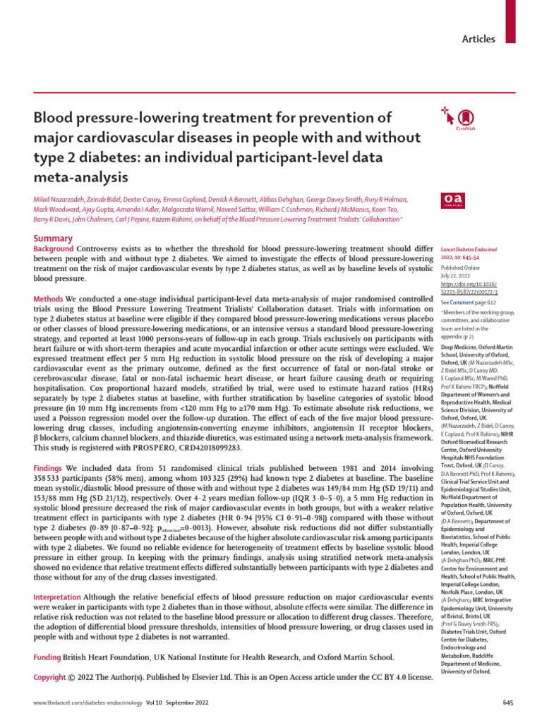 Blood Pressure Treatment in Diabetes Patients | PDF | Cardiovascular ...