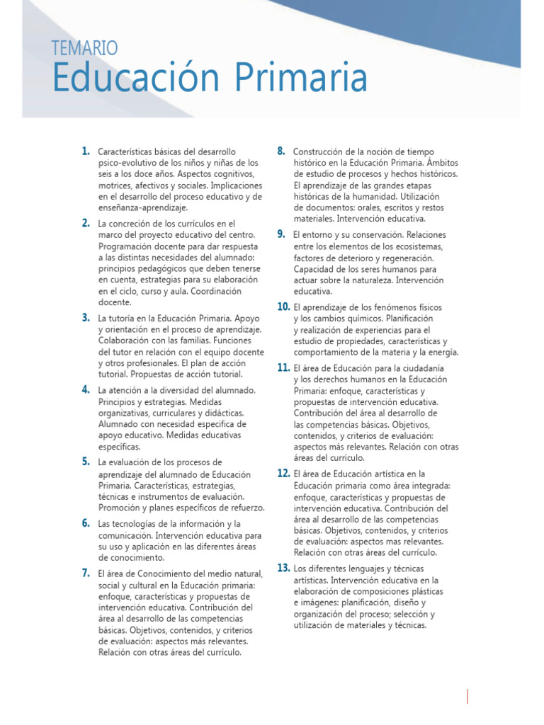 Temario de Educación Primaria: Contenidos Clave | PDF | Plan de ...