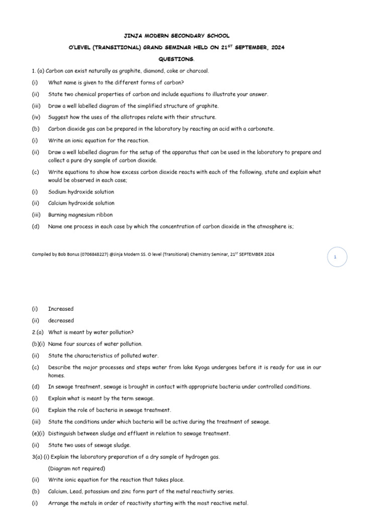 O Level Chemistry Seminar Questions 2024 | PDF | Chemical Reactions | Acid