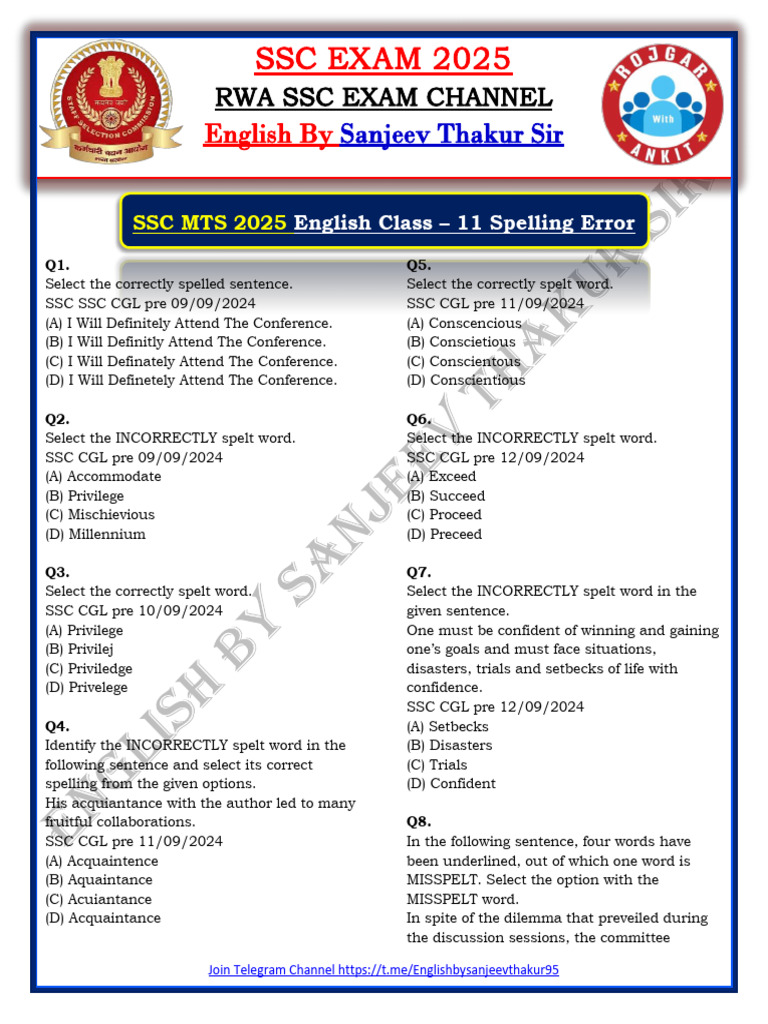 SSC MTS 2025 English Spelling Quiz | PDF