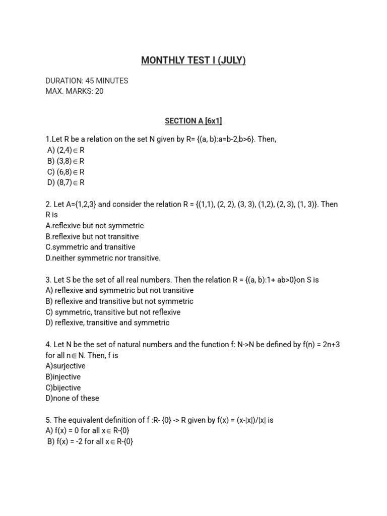 Monthly Test I: Relations and Functions | PDF