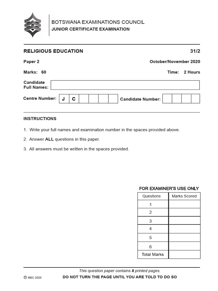 JCE Religious Education Paper 2 2020 | PDF | Spirituality | Indian ...