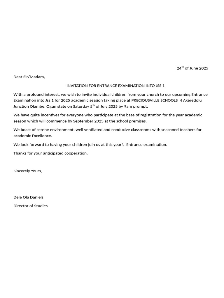 Entrance Exam Invitation for JSS 1 2025 | PDF