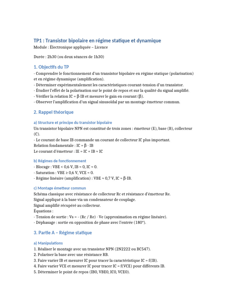 Transistor bipolaire : TP statique et dynamique | PDF | Transistor ...