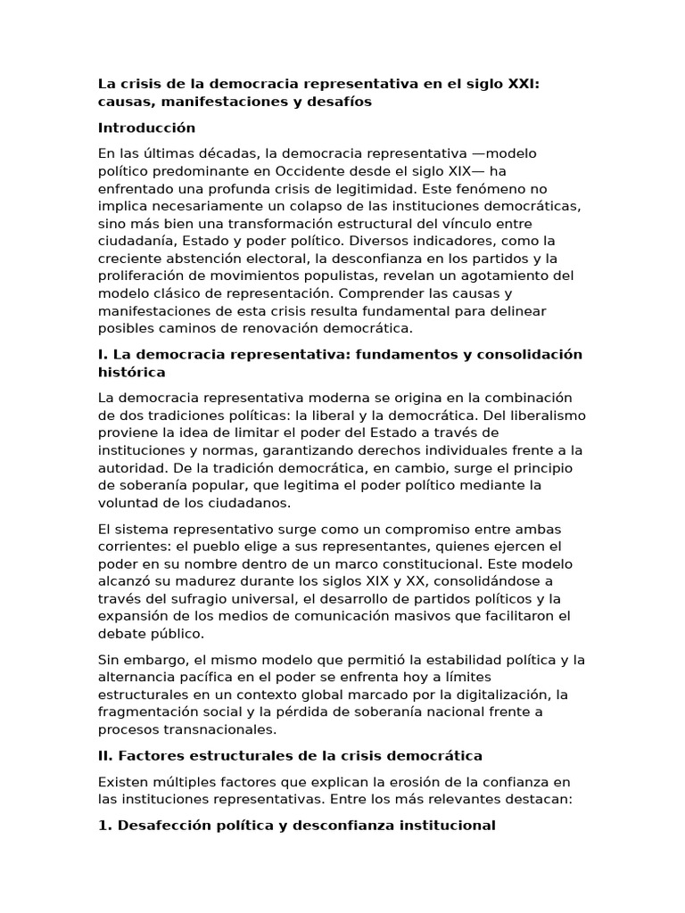 La Crisis de La Democracia Representativa en El Siglo XXI Causas ...