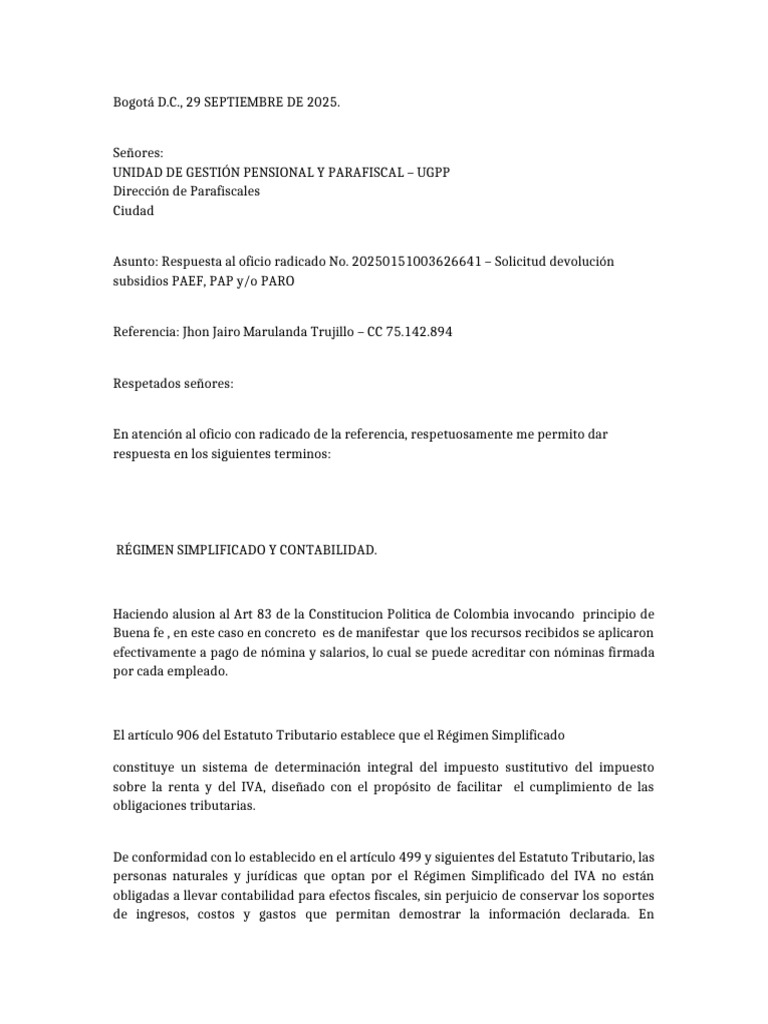 Respuesta a solicitud de subsidios PAEF | PDF | Contabilidad | Impuestos
