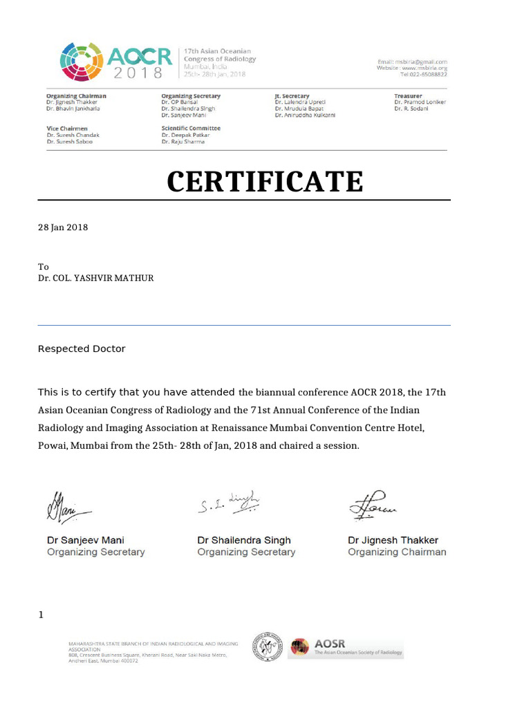 AOCR 2018 Attendance Certificate | PDF
