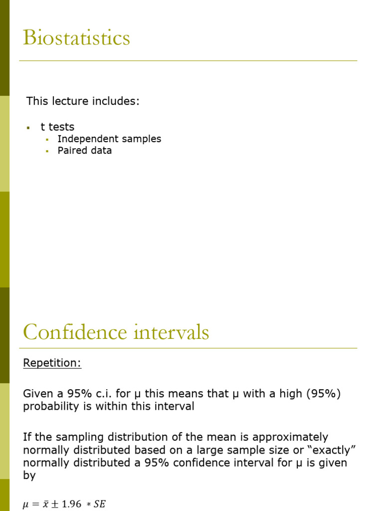 Biostatistics: t-Tests and Confidence Intervals | PDF | Student's T ...