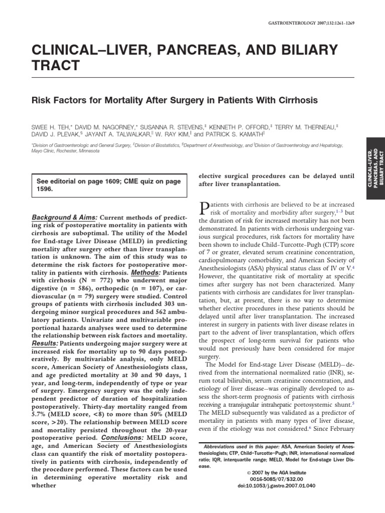 Risk Factors For Mortality After Surgery in Patients With Cirrhosis ...