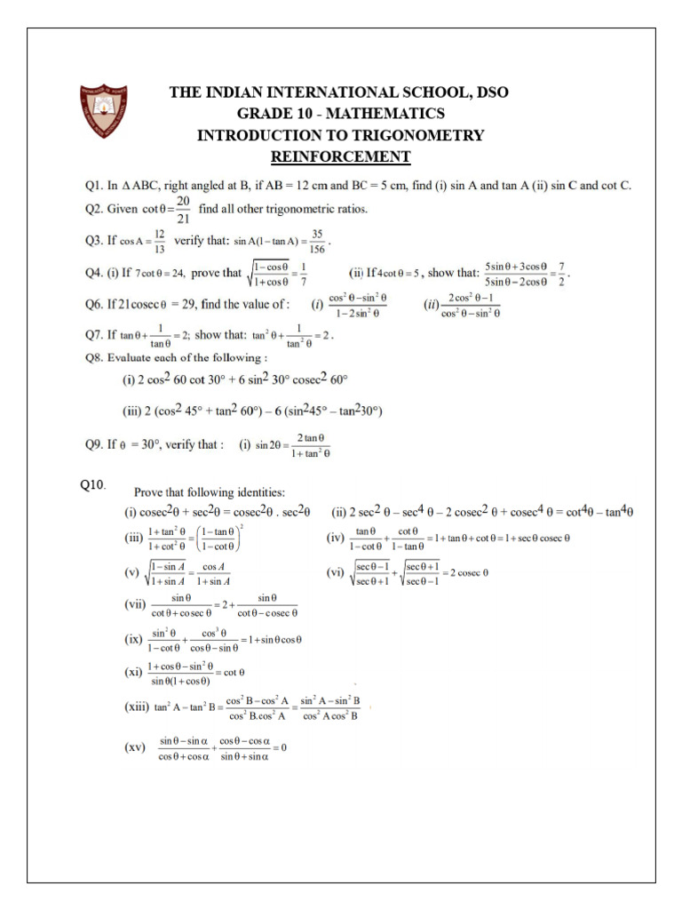 Grade 10 Trigonometry Reinforcement | PDF
