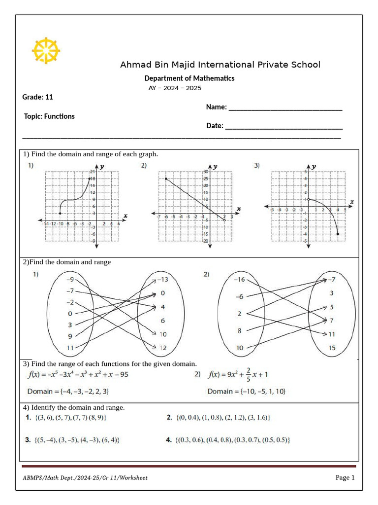 Grade 11 Functions Worksheet 2024-25 | PDF