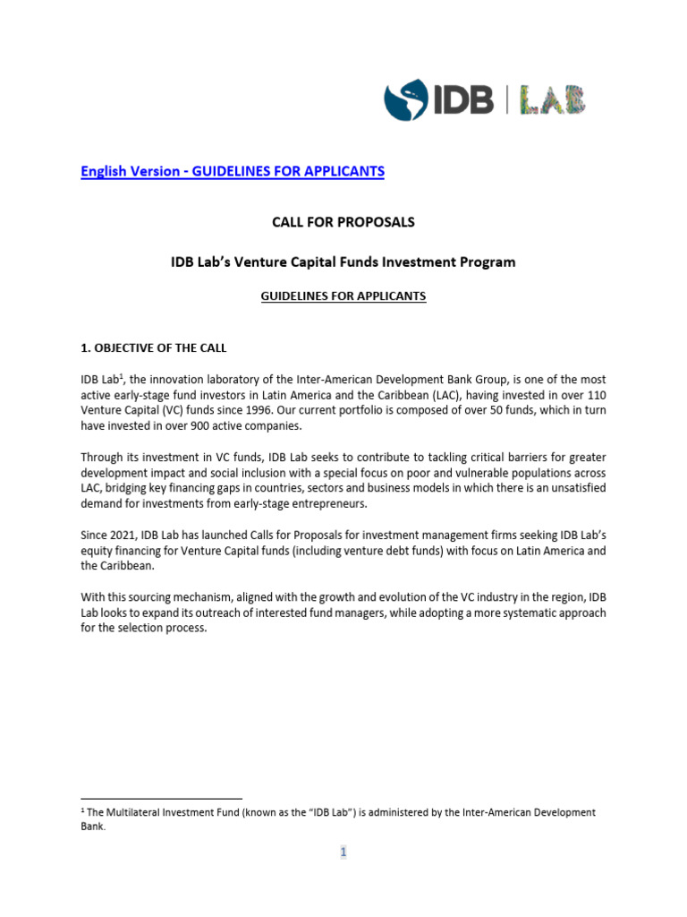 IDB LAB VC FoF Call For Proposals Guidelines - ENG | PDF | Inter ...