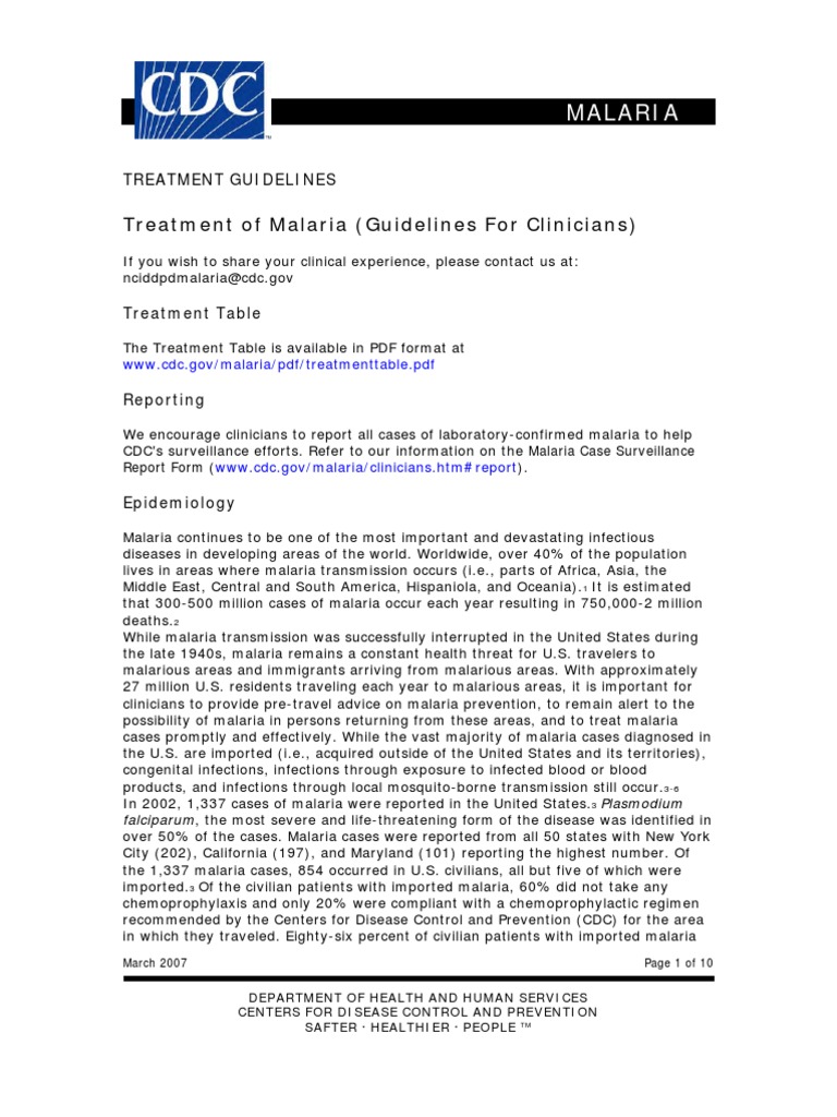 MALARIA TREATMENT GUIDELINES CDC visual data 2