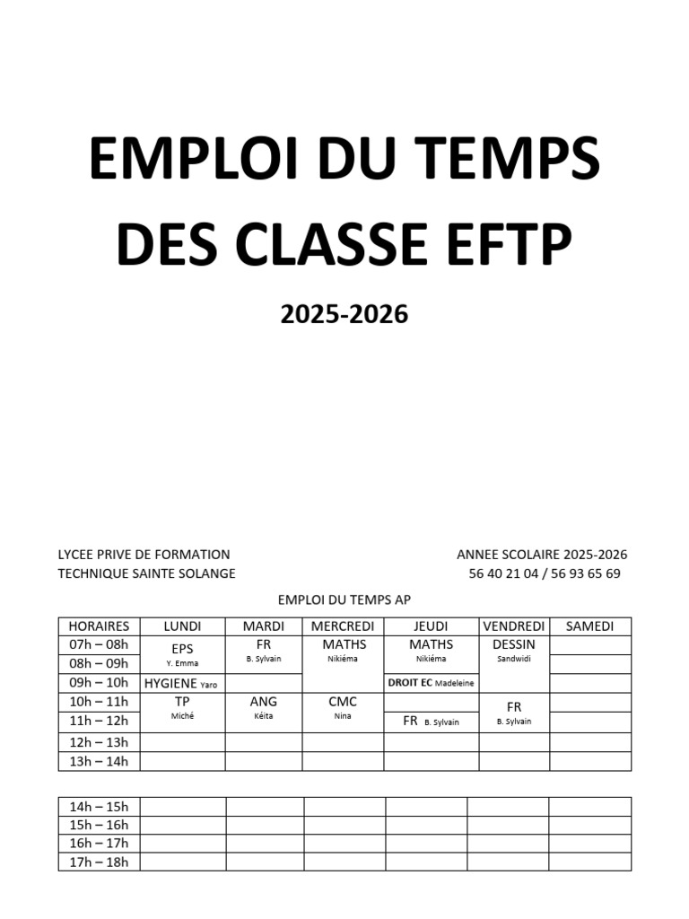 Emploi du Temps 2025-2026 EFTP | PDF