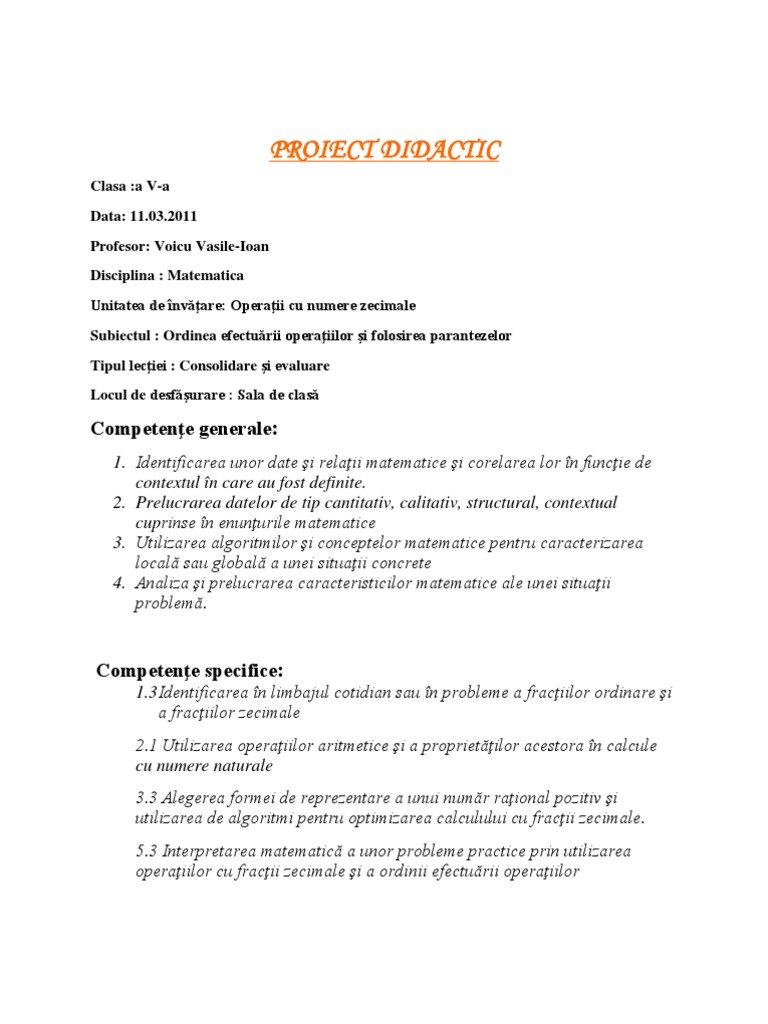 Proiect De Lectie Operatii Cu Fractii Zecimale