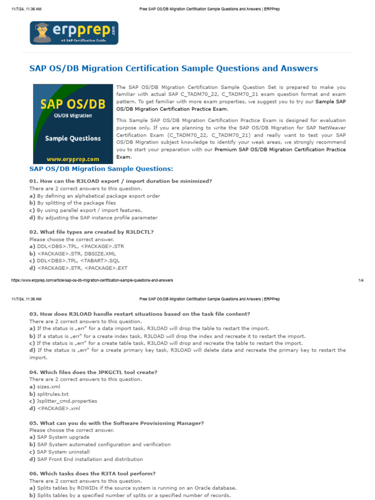 SAP OS/DB Migration Exam Sample Questions | PDF | Data | Software
