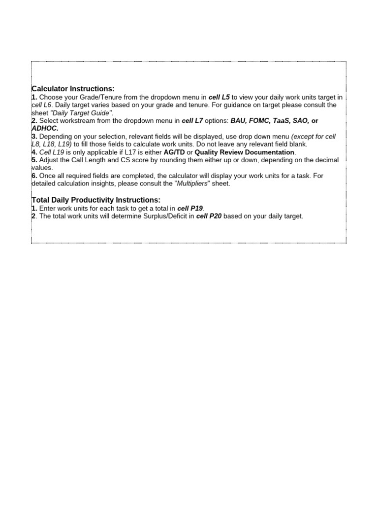 Work Units Calculator Instructions | PDF
