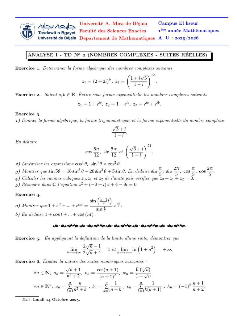TD Analyse I : Nombres Complexes et Suites | PDF | Nombre complexe ...