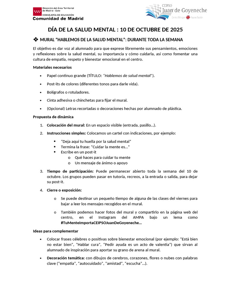 Actividades Día de La Salud Mental | PDF | Sicología | Conceptos ...
