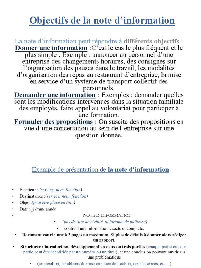 Objectifs Et Exemple De La Note D Information Pdf Informations Business