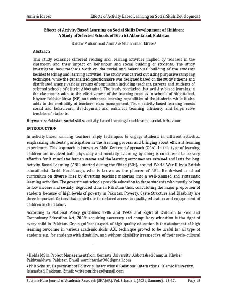Effects of Activity Based Learning On Social Skills Development of ...
