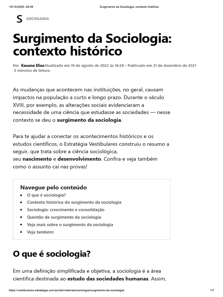 Surgimento Da Sociologia - Contexto Histórico | PDF | Sociologia | Science