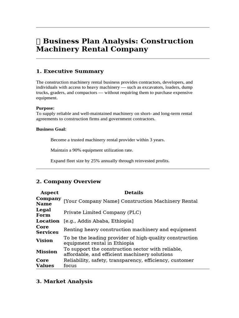 Construction Machinery Rental Business Plan | PDF | Heavy Equipment ...