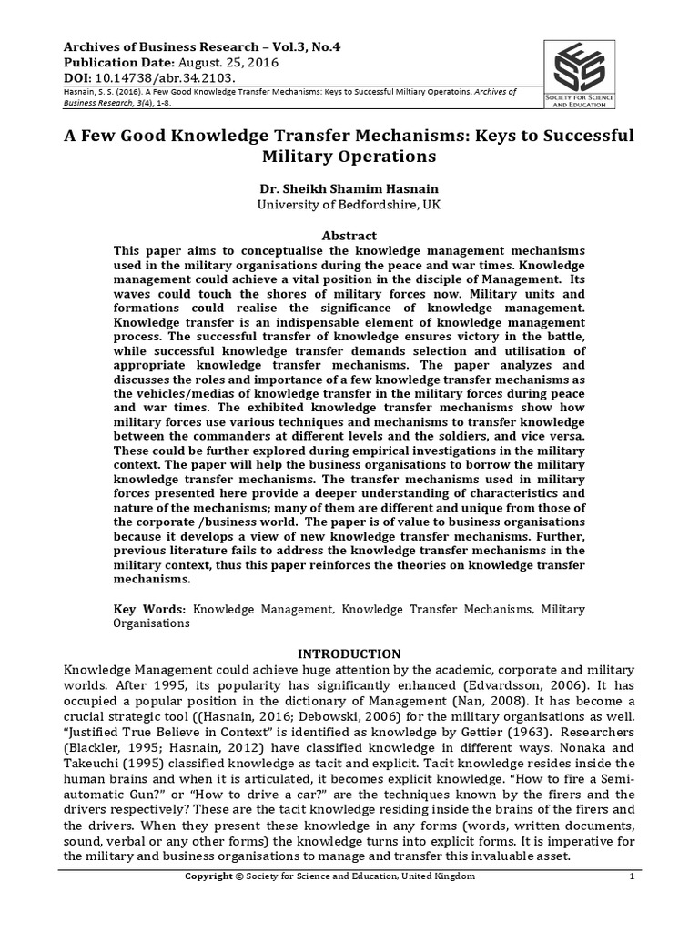 Knowledge Transfer in Military Operations | PDF | Knowledge | Tacit ...