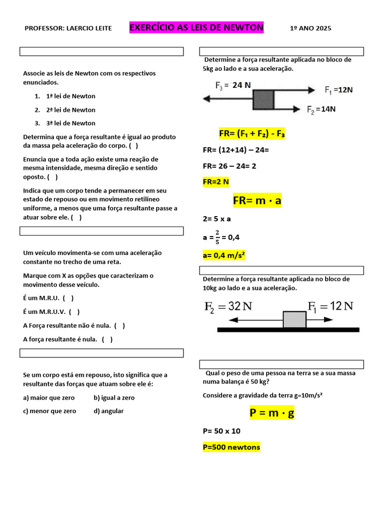 Exercícios sobre as Leis de Newton | PDF | Leis do Movimento de Newton ...