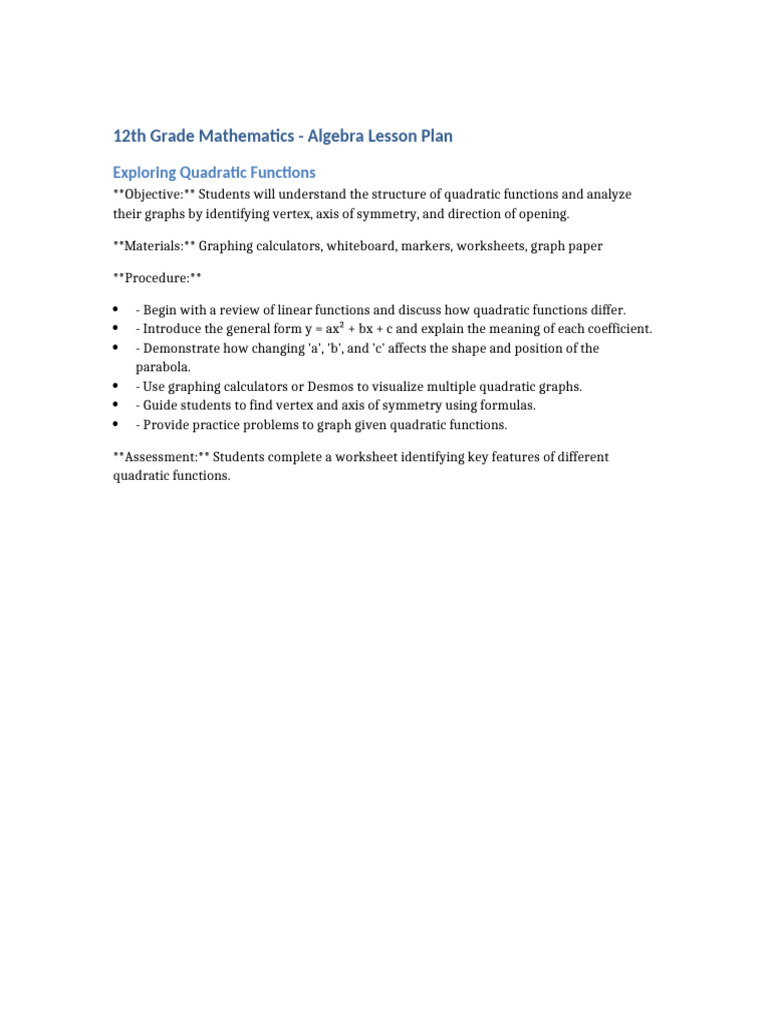 Quadratic Functions Lesson Plan | PDF