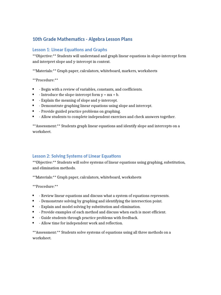 Grade 10 Linear Equations Lesson Plans | PDF | Equations | Quadratic ...