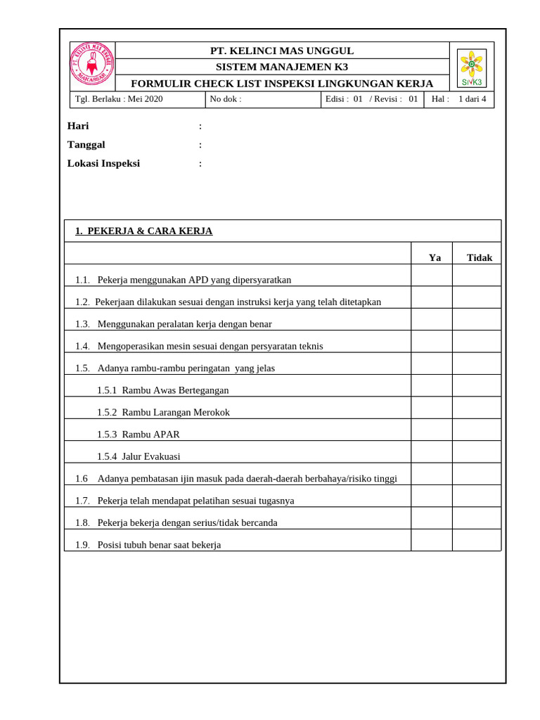 Formulir Check List Inspeksi | PDF