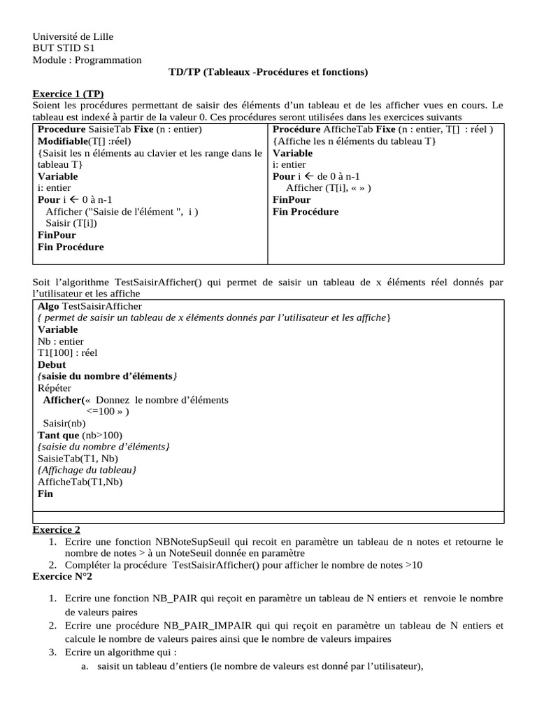 Programmation : Saisie et Affichage de Tableaux | PDF | Programmation ...