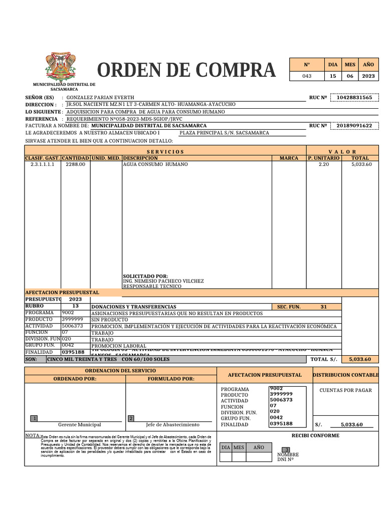Pedido de Agua para Consumo Humano | PDF