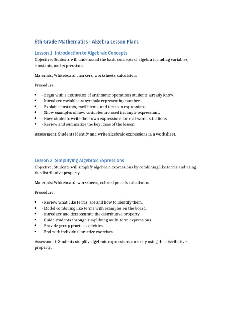 6th Grade Algebra Lesson Plans | PDF | Algebra | Equations
