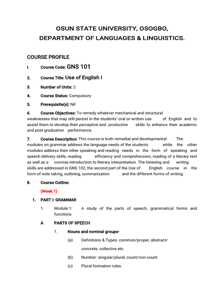GNS 101-Use of English I-Course Profile | PDF