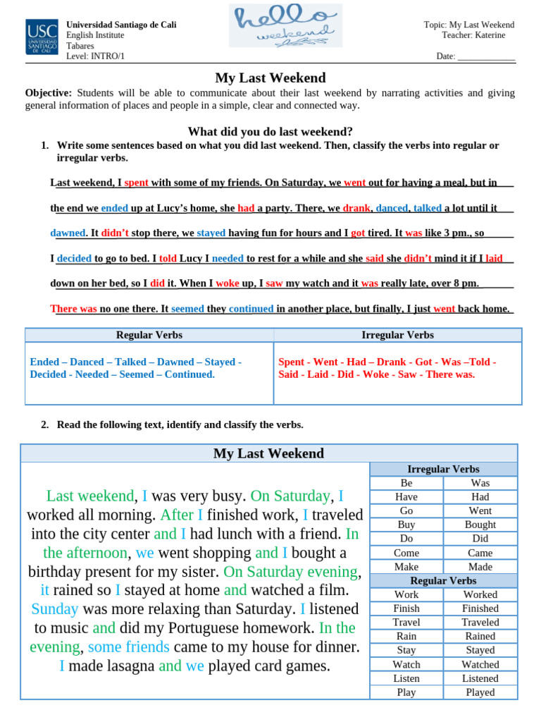 My Last Weekend Activities and Verbs | PDF | Grammatical Tense | Verb
