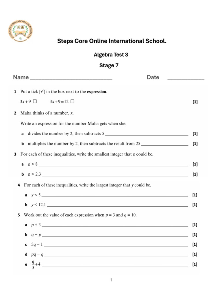 Algebra End of Unit Test 3 | PDF